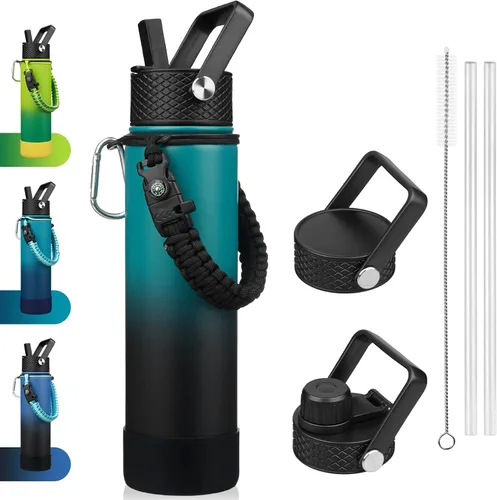 Vista 37 de BJPKPK - Botella de agua con tapa de popote, botellas de agua aisladas de 18 onzas con 3 tapas, asa de cuerda de paracaídas y base antideslizante