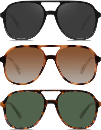 Vista 7 de YDAOWKN Retro Aviator Sunglasses for Womens Mens 70s Double Bridge Sunnies 2 Tintes Negro/Gris+Negro/Amarillo