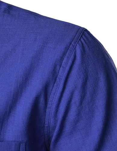 Vista 4 de ZEROYAA Camisas de lino y algodón ajustadas para hombre, de manga corta, con botones, ligeras, para la playa, con bolsillo