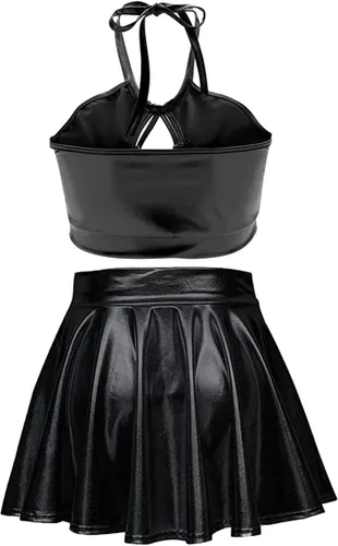 Vista 2 de SFBBCLOZ Conjunto de 2 piezas para mujer, con aspecto mojado, parte superior corta metálica brillante, minifalda para fiesta, club, festival, rave
