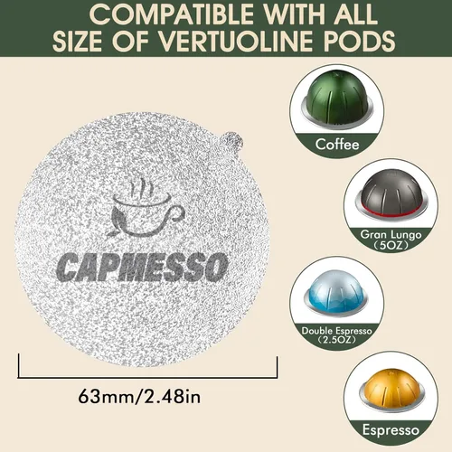 Vista 3 de CAPMESSO Tapas de papel de aluminio para cápsulas reutilizables de Nespresso Vertuolina, cubiertas adhesivas para cápsulas de café, sellos