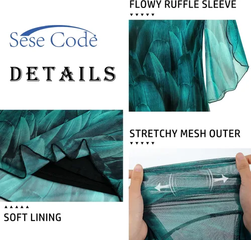 Vista 4 de SeSe Code Blusas con mangas 34 y volantes de malla para mujer, tops holgados y elásticos