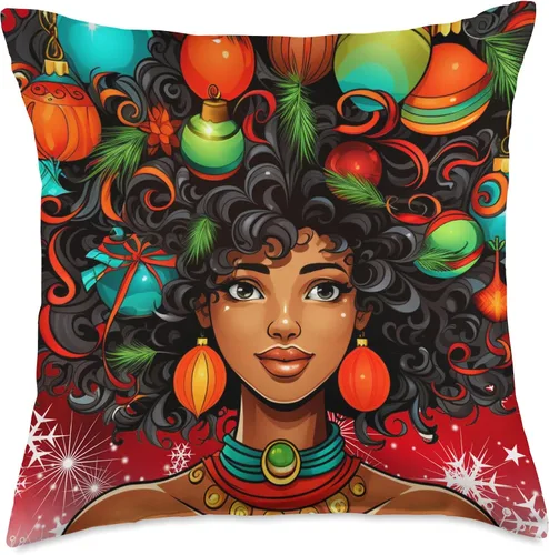 Vista 4 de Black women Christmas ornament melanin curly hair Melanin Christmas Queen Xmas Black Girl Magic Ornament Throw Pillow, 16x16, Multicolor