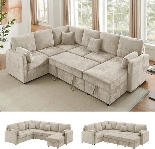 Vista 11 de Sofá Seccional Cama de 111 pulgadas con Cama Extraíble, Sofá Modular de 6 Asientos en Forma de U con Chaise de Almacenamiento, Sofá Seccional