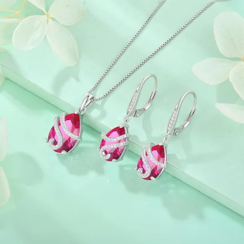 Vista 4 de STARCHENIE Juego de joyas de plata de ley 925 con rubí para mujer, con piedra natal de corte pera, regalo de julio