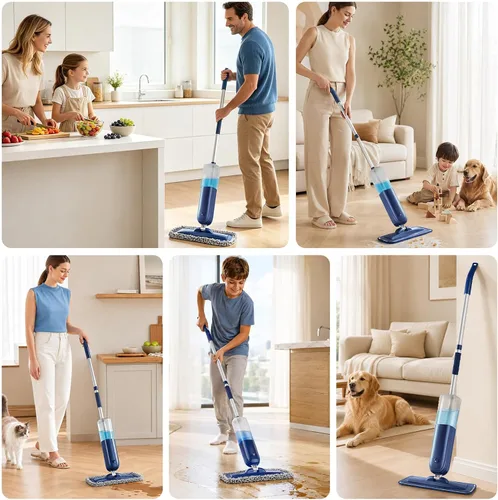 Vista 8 de PowerMop para limpieza de suelos con 3 almohadillas lavables, mopa de microfibra húmeda y seca con botella recargable de 24.3 fl oz para cocina