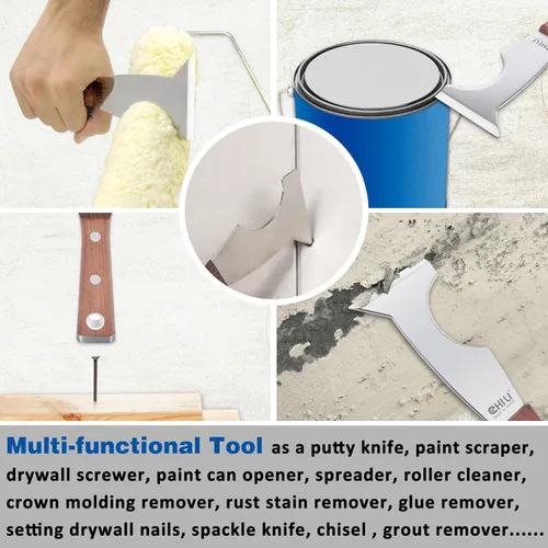 Vista 6 de CHILI Herramientas 2PC. Raspador de pintura de acero inoxidable 5 en 1 con extremo de martillo de mango de madera, fabricado en Taiwán