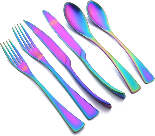Vista 10 de Juego de cubiertos de plata mate con cuchillo para carne, 24 piezas de cubiertos pesados de acero inoxidable 18/10, juego de utensilios generosos