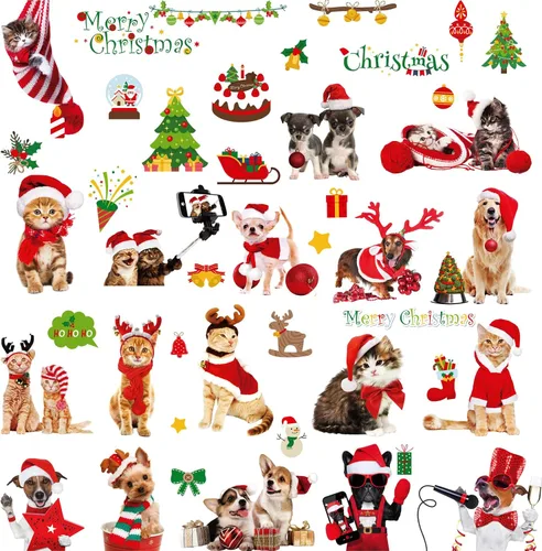 Vista 10 de Calcomanías de gato para ventana de Navidad, 9 hojas de decoración de Navidad, campanas de árbol de gato, calcomanías para fiestas de vacaciones