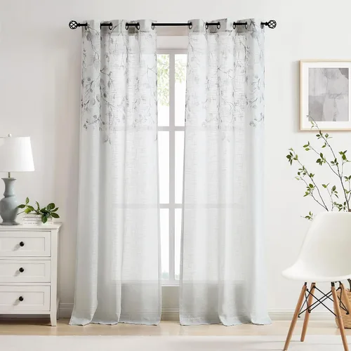 Vista 2 de Central Park Panel de Cortina de Ventana de Lino Transparente Metálico con Estampado Floral de Hojas para Sala de Estar Rústica/Dormitorio Paneles