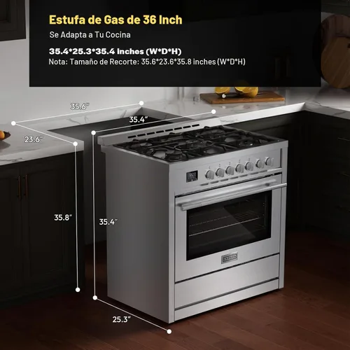 Vista 3 de Empava Gama de gas profesional de 36 ″ con quemador eléctrico de triple anillo de 18K BTU