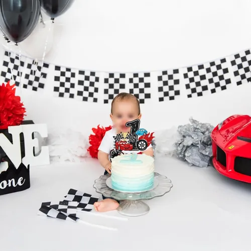 Vista 7 de Ephlyn 1 pieza de decoración para tarta de primer cumpleaños de coche de carreras con purpurina, decoración de tarta 1er cumpleaños para bandera a