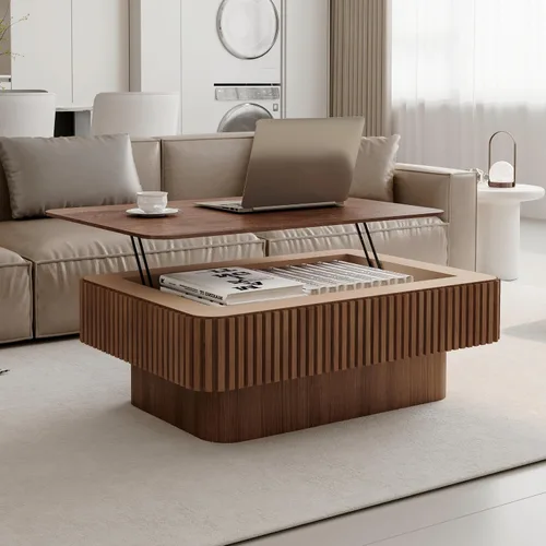 Vista 28 de Henf Mesa auxiliar elevable con almacenamiento, mesas de centro de madera maciza de 47.24 pulgadas con parte superior elevable, 3 bandejas