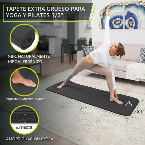 Vista 2 de ProsourceFit Extra Thick Yoga and Pilates Mat, 71-inch Long High Density Exercise Mat with Comfort Foam and Carrying Strap Negro