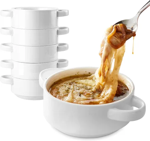 Vista 8 de Modern Innovations Cuencos de sopa de cebolla francesa de 20 onzas con asas en color blanco (juego de 4) aptos para horno y microondas, gres