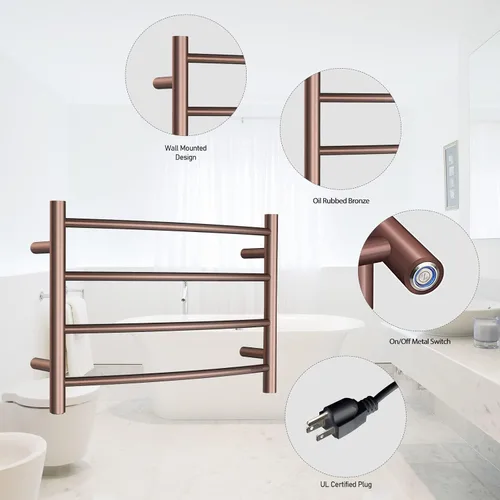 Vista 3 de Calentador de toallas ORB para baño, calentador de toallas de baño montado en la pared, calentador eléctrico de acero inoxidable, curvado, redondo