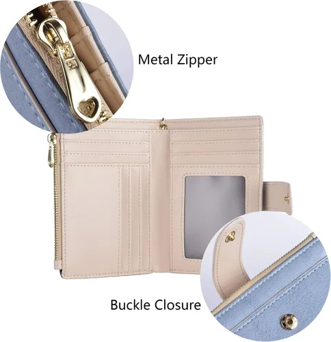 Vista 6 de Billeteras RFID pequeñas y compactas de cuero plegable para tarjetas con bolsillo con cremallera, Azul claro, beige , Compacto