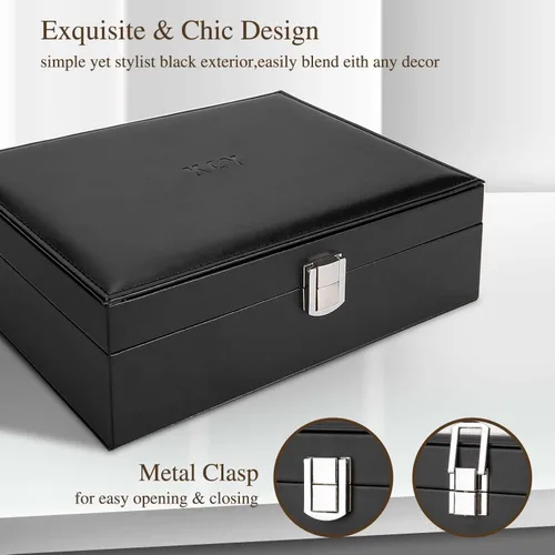 Vista 6 de KCY Organizador de joyas para mujeres y niñas, estuche grande de cuero sintético con soporte de exhibición de 2 capas y bandeja extraíble