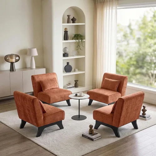 Vista 11 de Silla de acento tapizada sin brazos, sillas modernas y cómodas para sala de estar con patas de madera y almohadas, sofá cama lateral para dormitorio