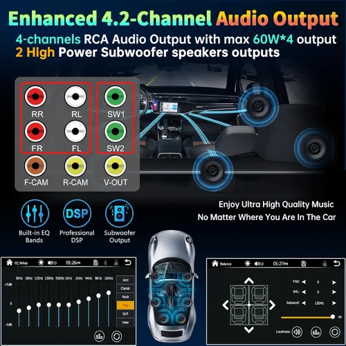 Vista 4 de Estéreo de auto de doble DIN de 7 pulgadas compatible con Apple CarPlay inalámbrico y Android Auto, puertos de subwoofer dual de 240 W y 4.2