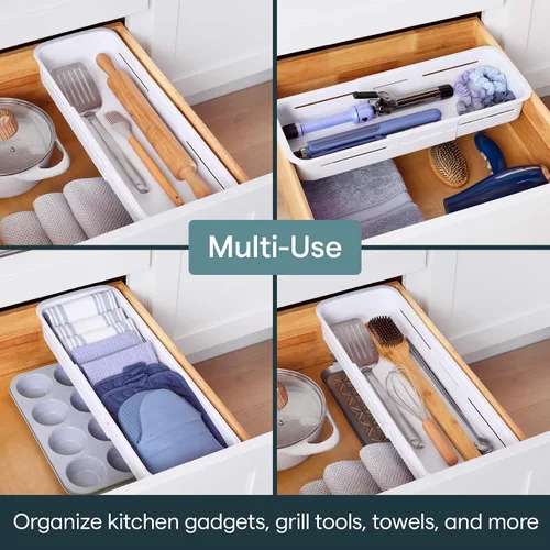 Vista 7 de YouCopia DrawerFit - Cajonera deslizante, organizador de almacenamiento de cocina expandible y ajustable, color blanco moteado