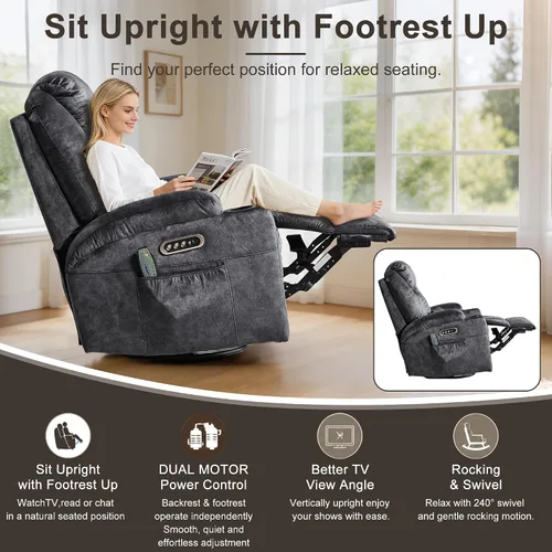 Vista 7 de AHMED Silla reclinable giratoria de doble motor con masaje y calor, mecedoras eléctricas con portavasos, luces LED, puertos USB A/USB C para sala