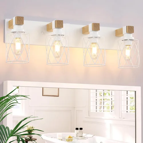 Vista 16 de Farmhouse 3-Light Wood Bathroom Vanity Light, White Metal Cage Shade