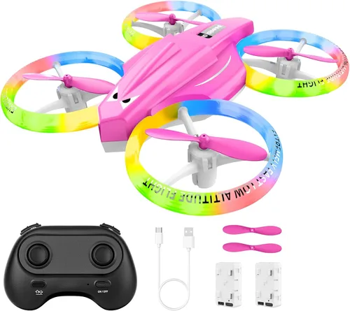 Vista 9 de Dron para niños y principiantes con luz LED, pequeño dron de interior con luces RC, voltereta de 360, 2 baterías, juguete volador para niños, regalo