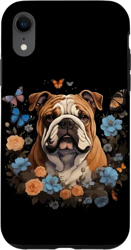 Vista 25 de Funda para iPhone 16 Bulldog Inglés con Flores y Mariposas