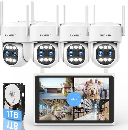 Vista 8 de Sistema de cámara de seguridad inalámbrica para exteriores para el hogar, ZHXINSD Juego de 4 cámaras con lente dual 6MP 10X Zoom híbrido 360°