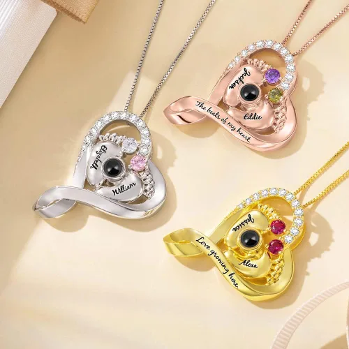 Vista 3 de AILIN Collar de proyección de fotos de corazón personalizado con dos nombres y piedras natales collar de imagen personalizada de latón con estampado