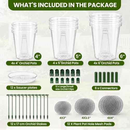 Vista 4 de Paquete de 12 macetas de plástico transparente para orquídeas con 4 pulgadas + 5 pulgadas + 6 pulgadas