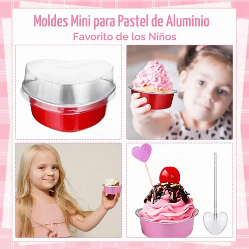 Vista 7 de El juego de 300 moldes para tartas de corazón incluye 3.4 onzas de aluminio desechable de San Valentín, molde para hornear postres, cuchara de Rojo