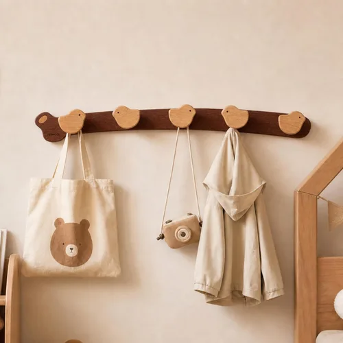 Vista 12 de Ganchos de pared de madera maciza con estante, perchero de pared, estante colgante de entrada con 6 ganchos de latón para sombreros, ropa, toallas