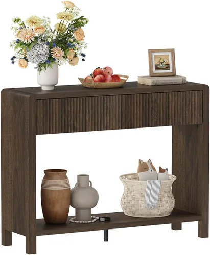 Vista 13 de FATORRI Mesa consola estrecha con almacenamiento, mesa de sofá de madera para entrada, mesas de pasillo modernas de 39.37 pulgadas y mesas de sofá