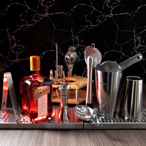 Vista 5 de Kit de camarero: juego de coctelera de acero inoxidable de 18 piezas Herramientas profesionales de barra premium con soporte giratorio de bambú