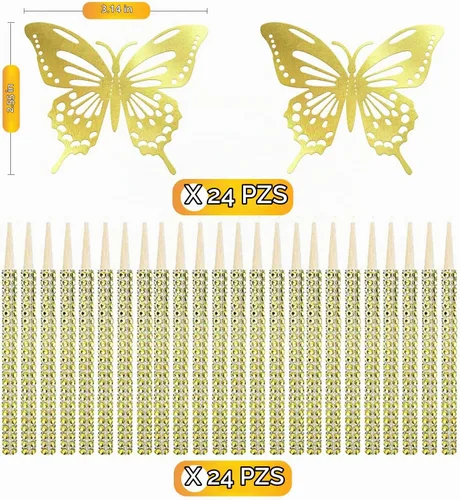 Vista 2 de 24 palitos de manzana con calcomanías de mariposa, color dorado