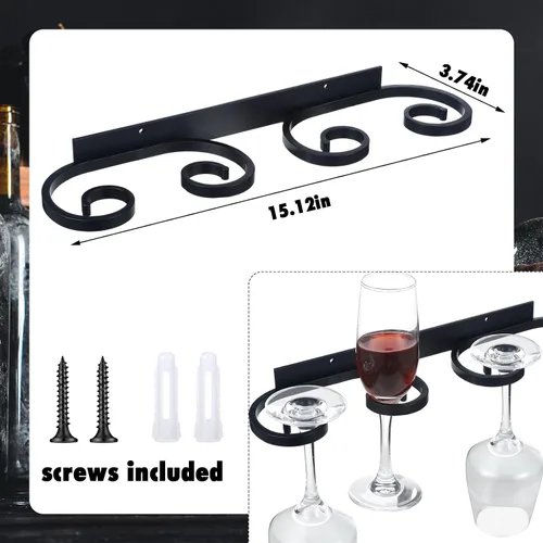 Vista 2 de Wenqik 2 soportes para copas de vino montados en la pared, soporte para copas de vino, alambre negro, soporte para colgar copas de vino, organizador