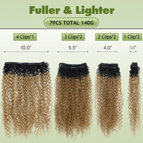 Vista 4 de Extensiones de cabello sintético con clip, extensiones de cabello sintético negro y rubio miel, extensiones de cabello rizado Jerry para mujeres