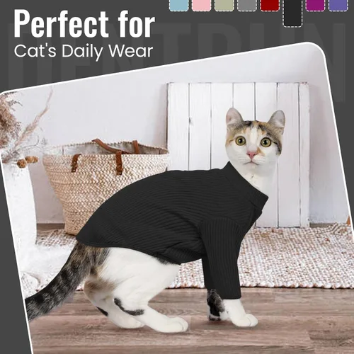 Vista 9 de DENTRUN Sphynx - Camisa de gatos sin pelo, camiseta de gatito, transpirable, cuello alto, adorable ropa de gato, chaleco de pijama Negro