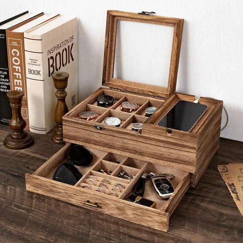 Vista 9 de Pinzoveco Caja Organizadora de Relojes para Hombres, Caja de Joyería para Hombres de 6 Compartimentos Exhibición y Almacenamiento de Relojes, Caja