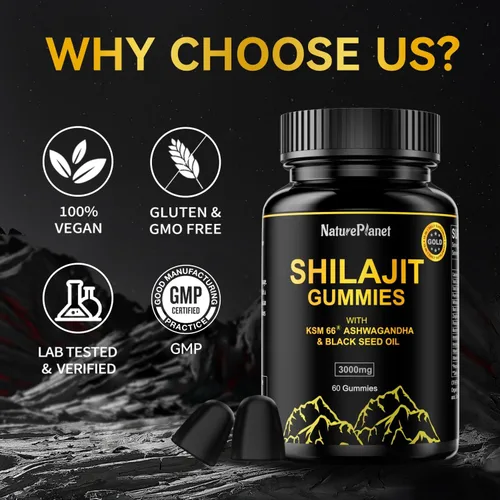 Vista 2 de NaturePlanet Gomitas Shilajit para hombres y mujeres, con aceite de semilla negra y ashwagandha, apoyo para la recuperación muscular, salud
