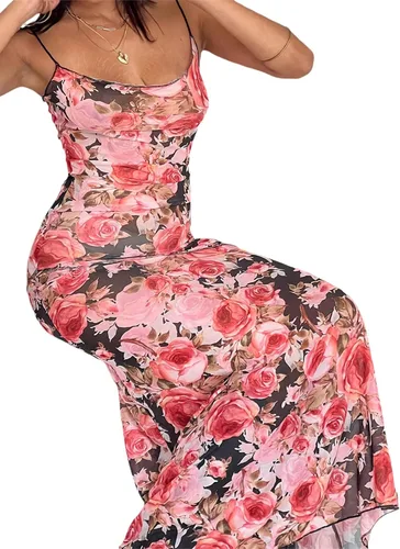 Vista 5 de Vestido largo sin espalda con tirantes delgados para mujer, vestido largo Y2K con correa de encaje de satén, teñido anudado, vestido bodycon sexy