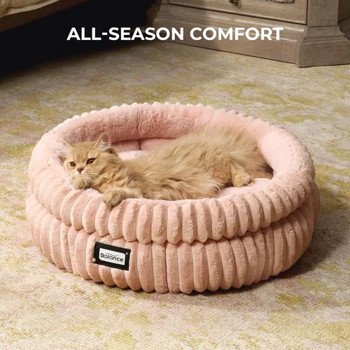 Vista 4 de BALANCE Cama para gatos, cama redonda lavable para gatos de interior, cama de felpa súper suave de piel sintética para cachorros y gatitos con parte