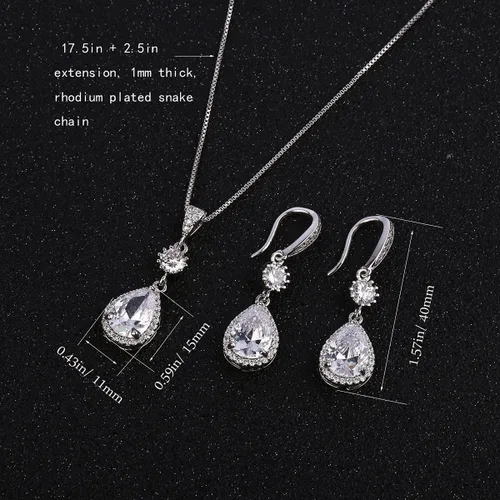 Vista 3 de Conjunto de joyería para boda, aretes de lagrima y collar con dije de circonio cúbico