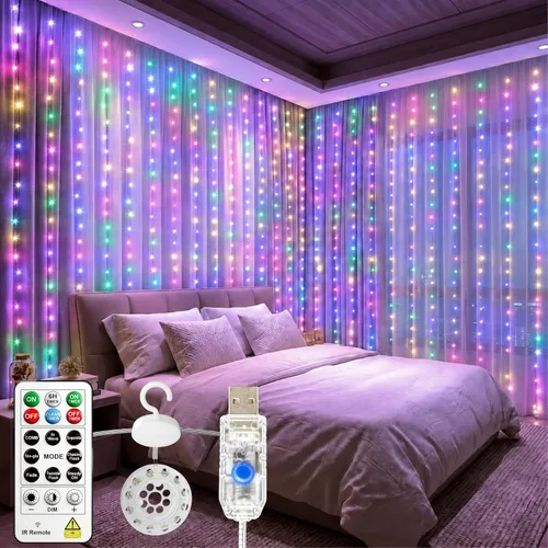Vista 16 de HXWEIYE 300 luces LED de cortina sin enredos, 9.8 x 9.8 pies, USB, control Blanco cálido