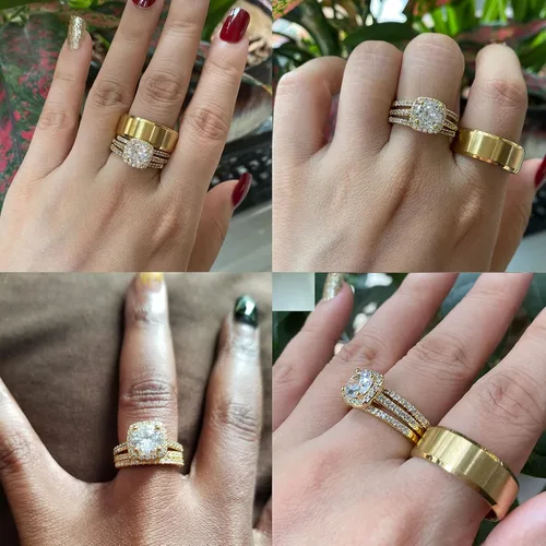 Vista 5 de Ahloe Jewelry Juegos de anillos de boda de oro amarillo de 18 quilates para él y ella, mujeres y hombres, bandas de acero inoxidable de titanio