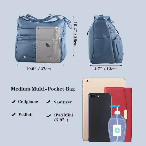 Vista 4 de ELDA Bolso cruzado de 10 bolsillos para mujer, tamaño mediano, de piel sintética suave, bolso de hombro para mujer, asa superior