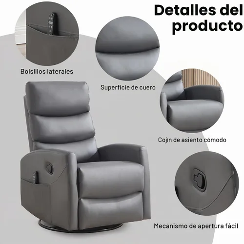 Vista 5 de SoarFlash Mecedora reclinable giratoria de 360°, mecedora con masaje de calor y vibración, silla de piel sintética para sala de estar, espacios