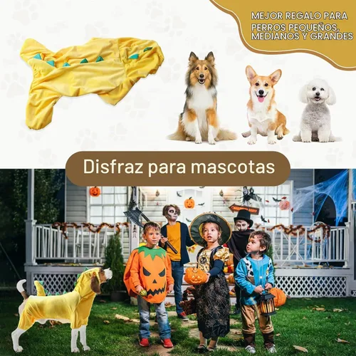 Vista 5 de NACOCO Disfraz de dinosaurio para perro de Halloween, diseño de ropa para mascotas, sudadera con capucha amarilla para perros medianos y grandes